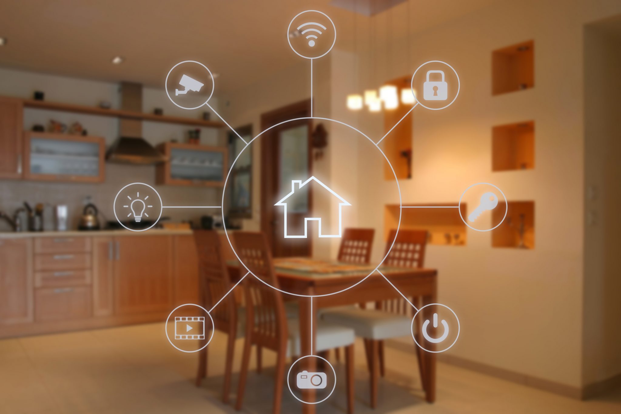 Kitchen with smart home icons overlaid