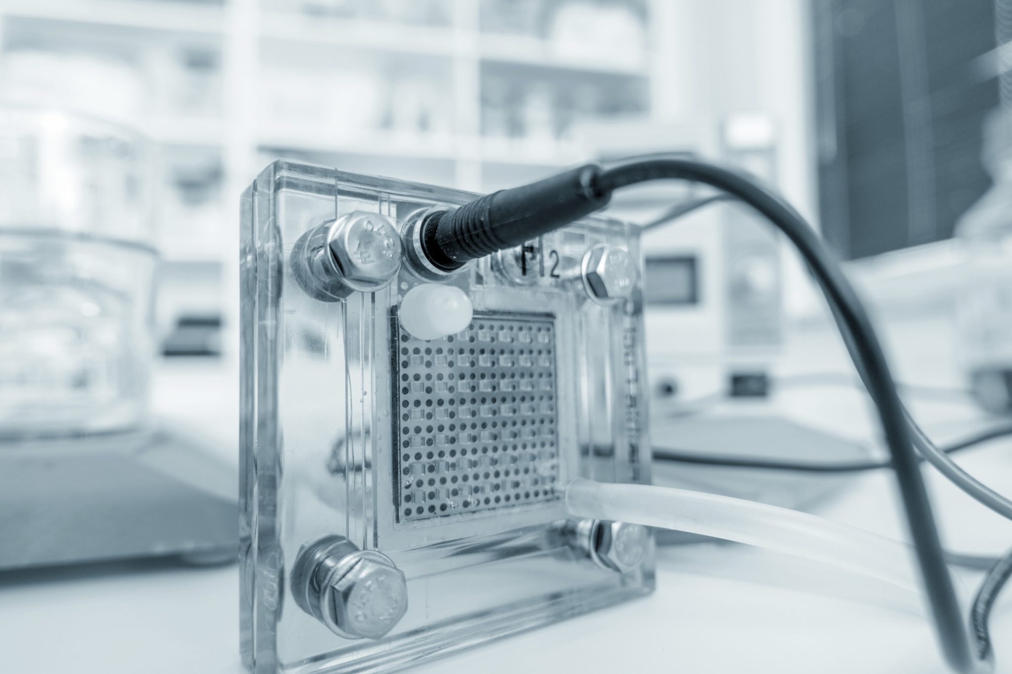 Picture of Hydrogen fuel cell (glass-encased with power cord connected)