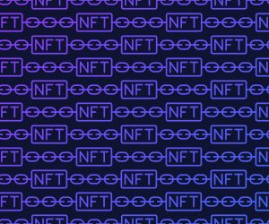 purple letters NFT connected by purple chains on black background